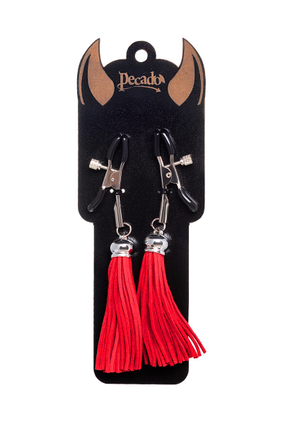 Зажимы на соски «прищепки» с кисточками из замши  Pecado BDSM ,Красные