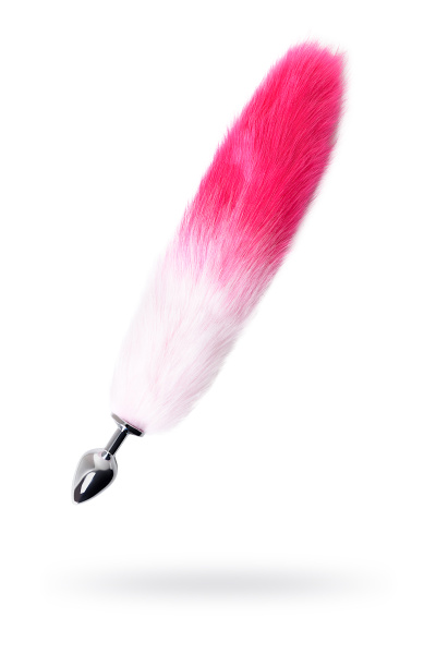 Анальная втулка TOYFA Metall с бело-розовым хвостом, металл, серебрянная, 45 см, Ø 3,3 см